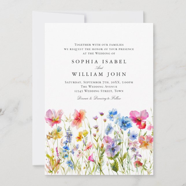 Pastel Pink Boho Wildflowers Wedding QR code Photo Invitation (Front)