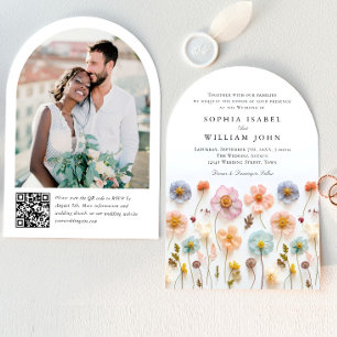 Pastel Pink Boho Wildflowers Wedding QR code Photo Invitation