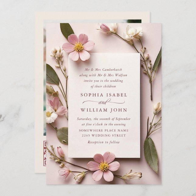 Pastel Pink Boho Wildflowers Wedding QR code Photo Invitation (Front/Back)