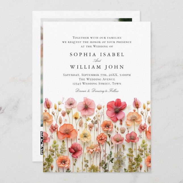 Pastel Pink Boho Wildflowers Wedding QR code Photo Invitation (Front/Back)