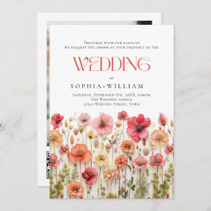 Pastel Pink Boho Wildflowers Wedding QR code Photo Invitation