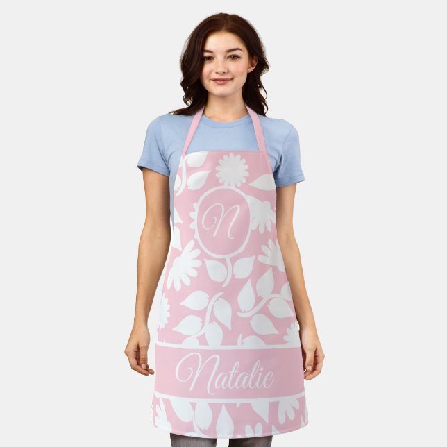Pastel pink  bold floral  - monogrammed apron (Worn)