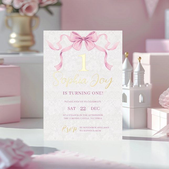 Pastel Pink Bow & Elegant Gold Script Birthday  (Creator Uploaded)
