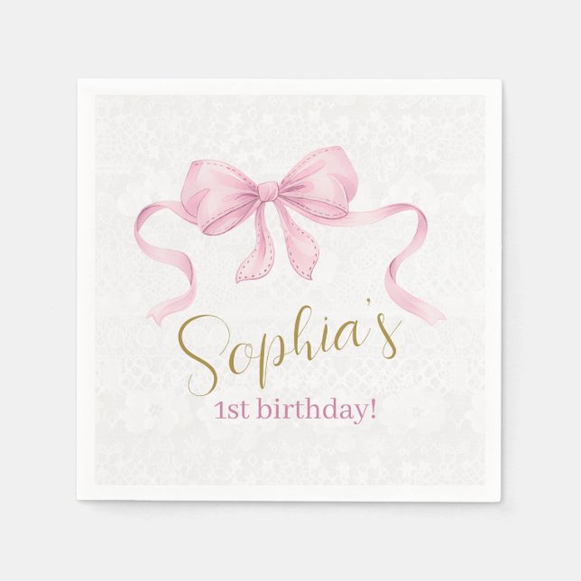 Pastel Pink Bow & Elegant Gold Script Birthday Napkin (Front)