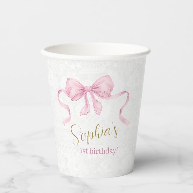 Pastel Pink Bow & Elegant Gold Script Birthday Paper Cups (Front)