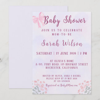 Pastel Pink Bow Floral Baby Shower Invitation