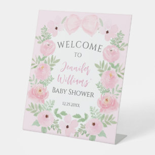 Pastel pink bow floral baby shower welcome sign