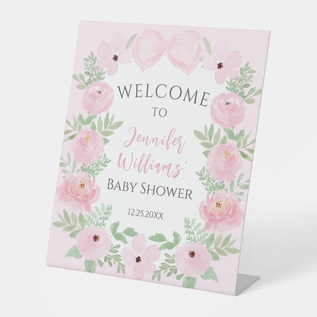 Pastel pink bow floral baby shower welcome sign (Front)