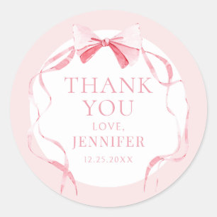 Pastel pink bow ribbon baby girl shower thank you classic round sticker