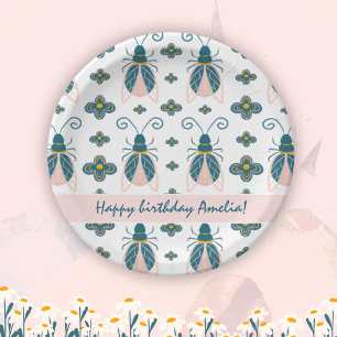 Pastel Pink Bugs Flower Girl Birthday Paper Plate