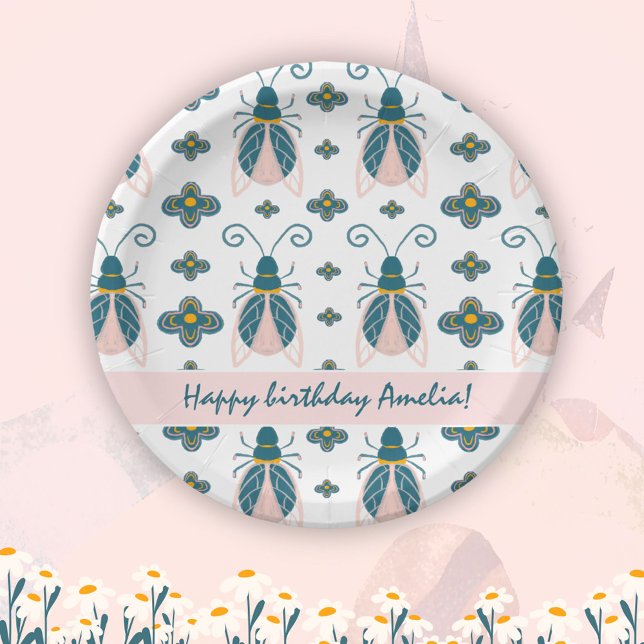 Pastel Pink Bugs Flower Girl Birthday Paper Plate (Creator Uploaded)