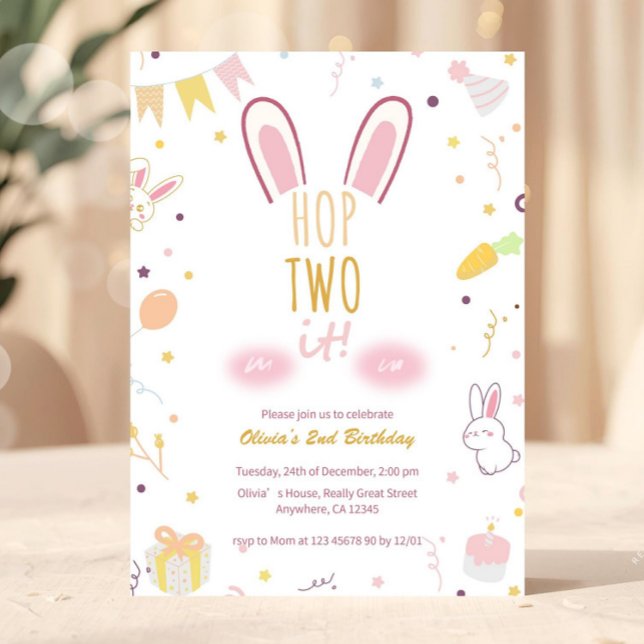 Pastel Pink Bunny 2nd Birthday Hop Two It Invite (Hop Two It Editable Second Birthday Invitation Template, Girls 2nd Birthday Party, Pink Bunny Pastel)