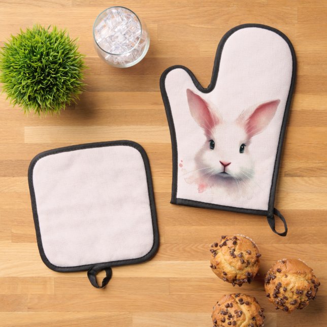 Pastel Pink Bunny Face Oven Mitt & Pot Holder Set (Top Down)