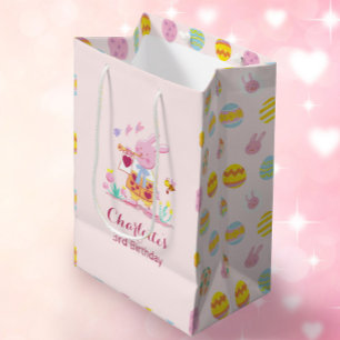 Pastel Pink Bunny Garden Egg Pattern Kids Birthday Medium Gift Bag