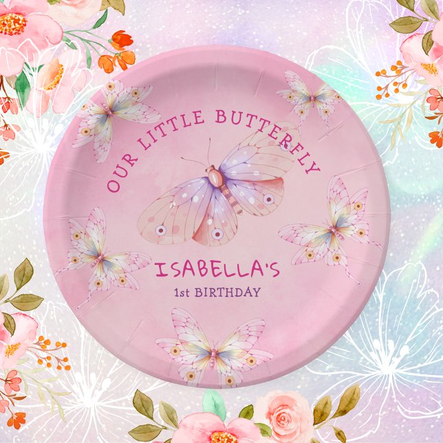Pastel Pink Butterfly Theme Girl's 1st Birthday  Paper Plate (Pastel Pink Butterfly Theme Girl's 1st Birthday Paper Plates)