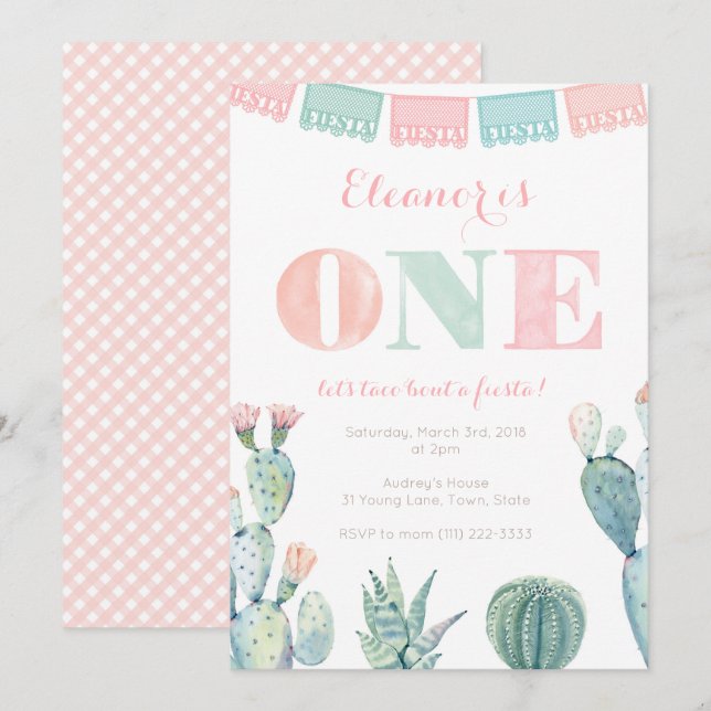 Pastel Pink Cactus 1st Birthday Fiesta Party Invitation (Front/Back)