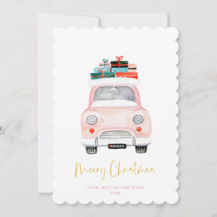 Pastel Pink Car Farmhouse Check Merry Christmas Holiday Card