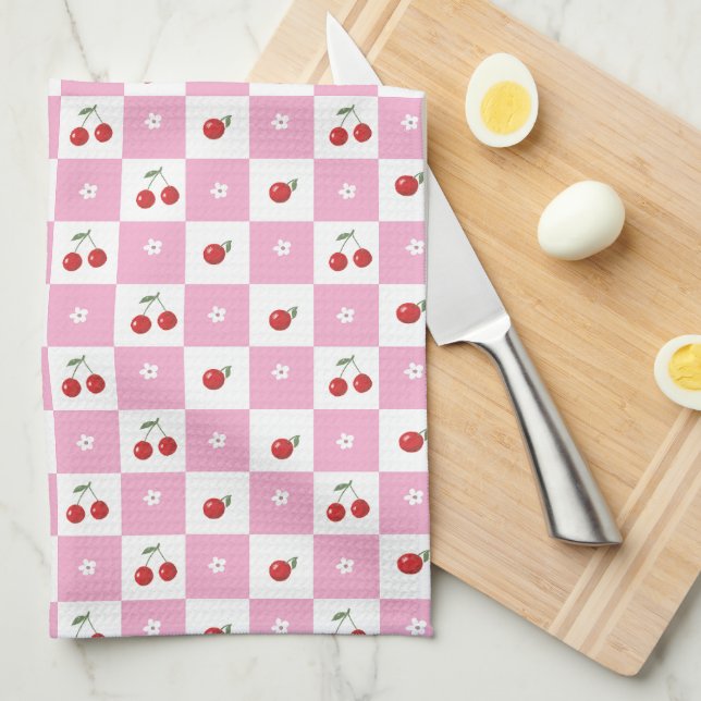 Pastel Pink Check Pattern Cherries Kitchen Towels (Quarter Fold)