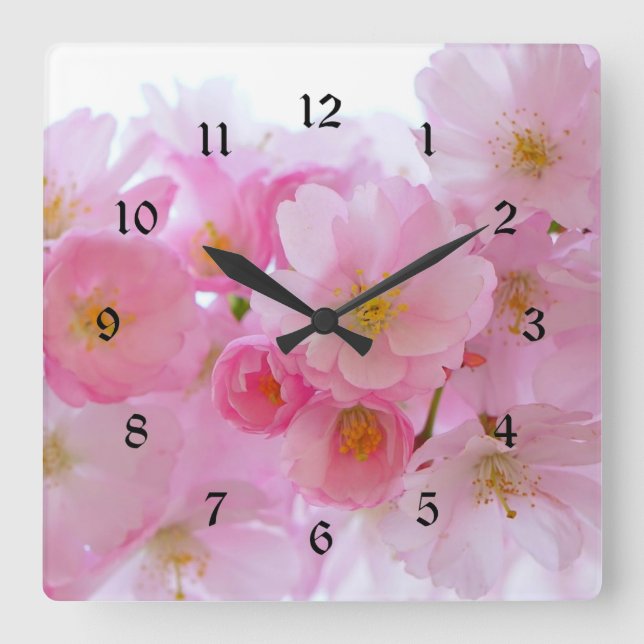Pastel Pink Cherry Blossoms Square Wall Clock (Front)