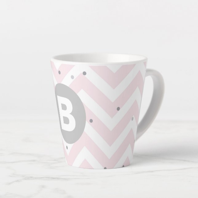Pastel Pink Chevron and Dots Grey Monogram Latte Mug (Right Angle)