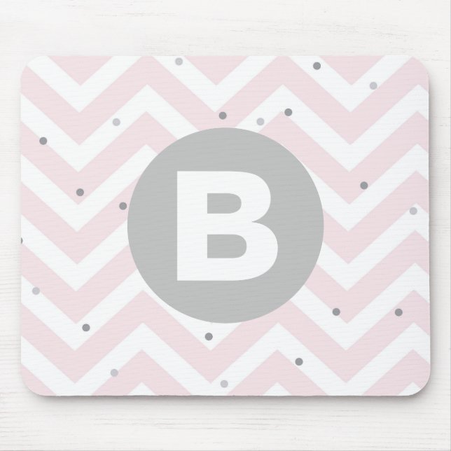 Pastel Pink Chevron and Dots Grey Monogram Mouse Pad (Front)