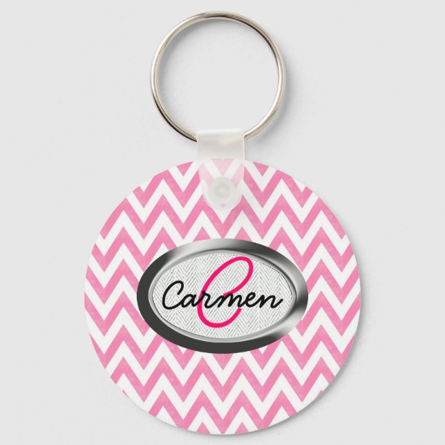 Pastel Pink Chevron Monogram Key Ring (Front)