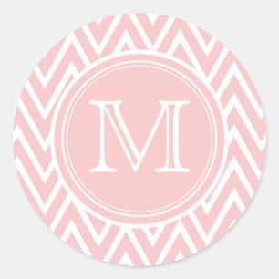 Pastel Pink Chevron Monogram Round Stickers