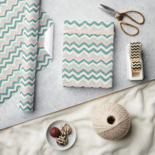 Pastel Pink Chevron Pattern with Teal and Beige Wrapping Paper