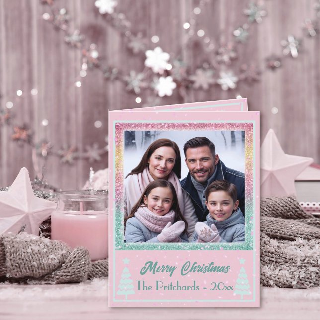 Pastel pink Christmas photo Folded Holiday Card (Front
)