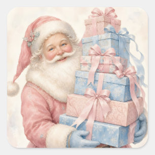 Pastel Pink Christmas Santa Claus with Gifts  Square Sticker