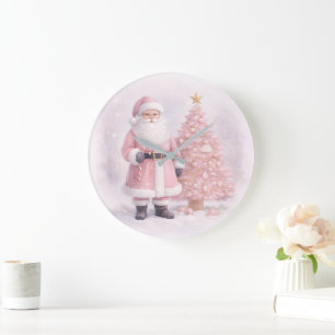 Pastel Pink Christmas Santa  Large Clock