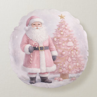 Pastel Pink Christmas Santa Round Cushion