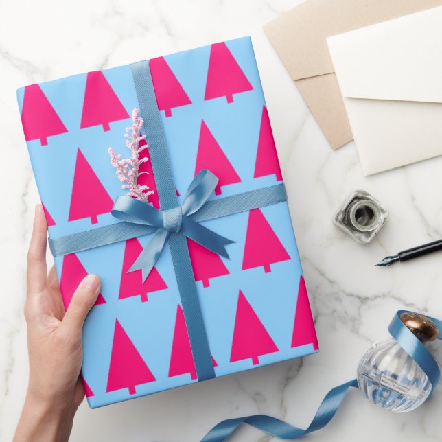 Pastel Pink Christmas tree light bright blue Wrapping Paper (Gifting)
