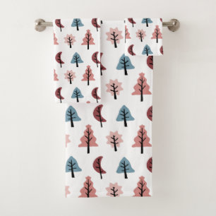 Pastel Pink Christmas Tree Pattern Holiday Bath Towel Set