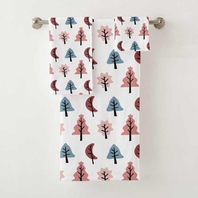 Pastel Pink Christmas Tree Pattern Holiday Bath Towel Set (Insitu)