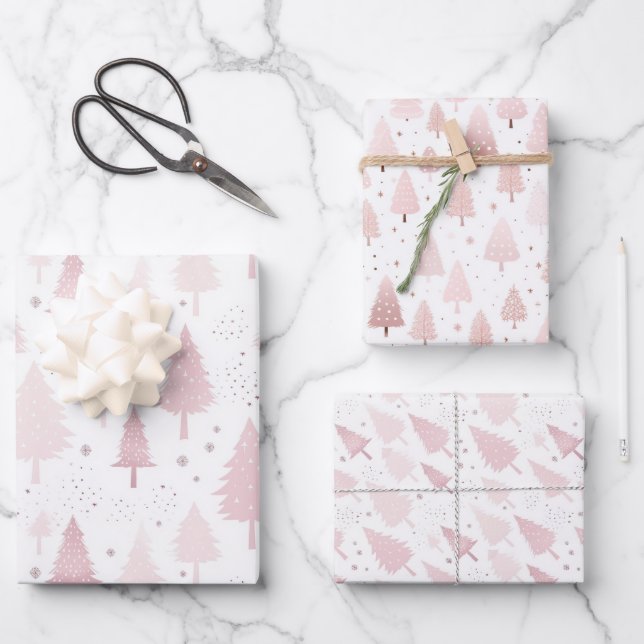 Pastel Pink Christmas Tree Wrapping Paper Sheet (Front)