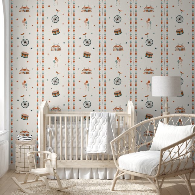 Pastel Pink Circus & Stripes for Babies Nursery Wallpaper (Kids)