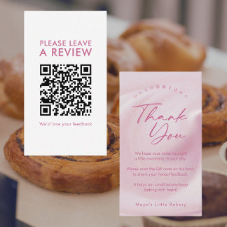 Pastel Pink Cream Script Leave a Review QR Code Business Card