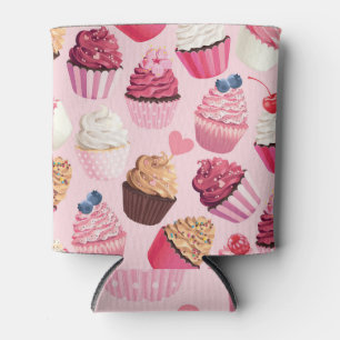 Pastel Pink Cupcakes: Vintage Pattern. Can Cooler