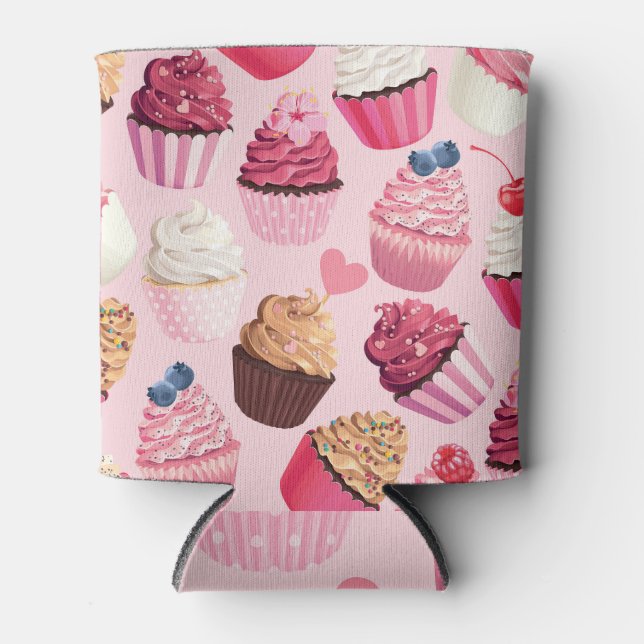 Pastel Pink Cupcakes: Vintage Pattern. Can Cooler (Front)