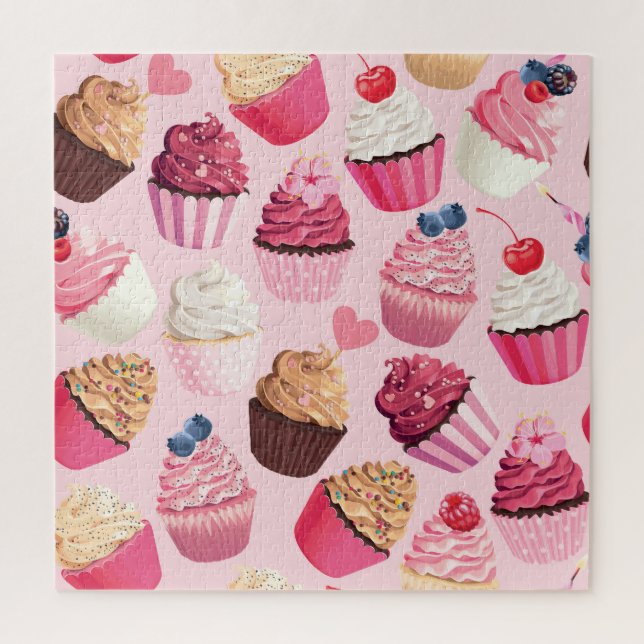 Pastel Pink Cupcakes: Vintage Pattern. Jigsaw Puzzle (Vertical)