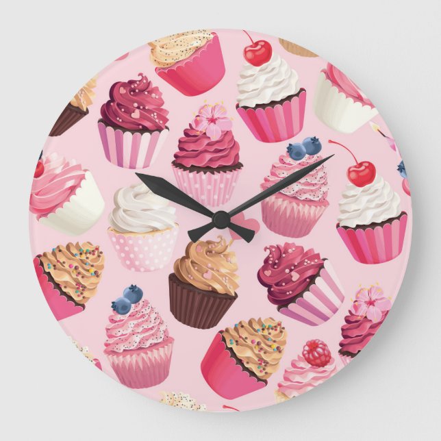 Pastel Pink Cupcakes: Vintage Pattern. Large Clock (Front)