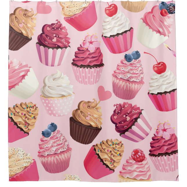 Pastel Pink Cupcakes: Vintage Pattern. Shower Curtain (Front)