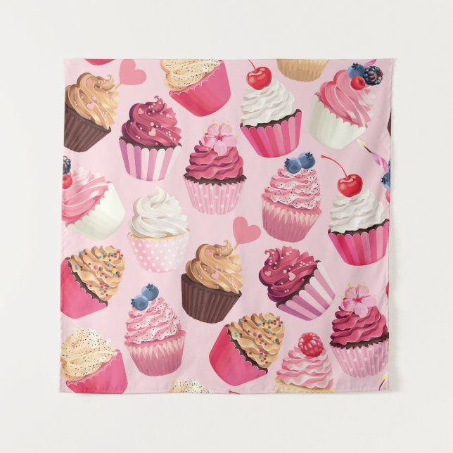 Pastel Pink Cupcakes: Vintage Pattern. Tapestry (Front)