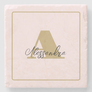 Pastel Pink Custom Gold Initial Black Name Minimal Stone Coaster