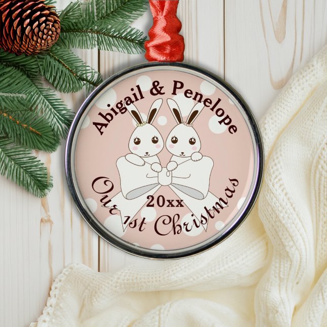 Pastel Pink Cute Bunny Twin Girl Kids Christmas Metal Ornament (Creator Uploaded)