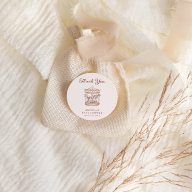 Pastel Pink Cute Carousel Girl Baby Shower Classic Round Sticker (Creator Uploaded)