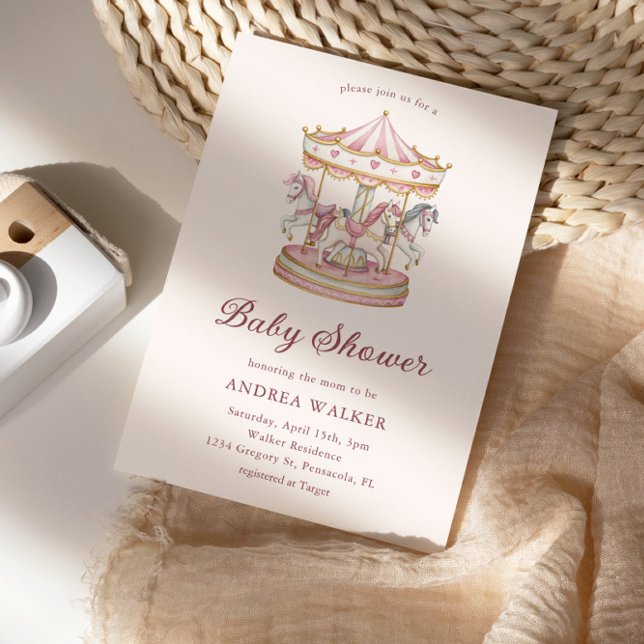 Pastel Pink Cute Carousel Girl Baby Shower Invitation (Creator Uploaded)