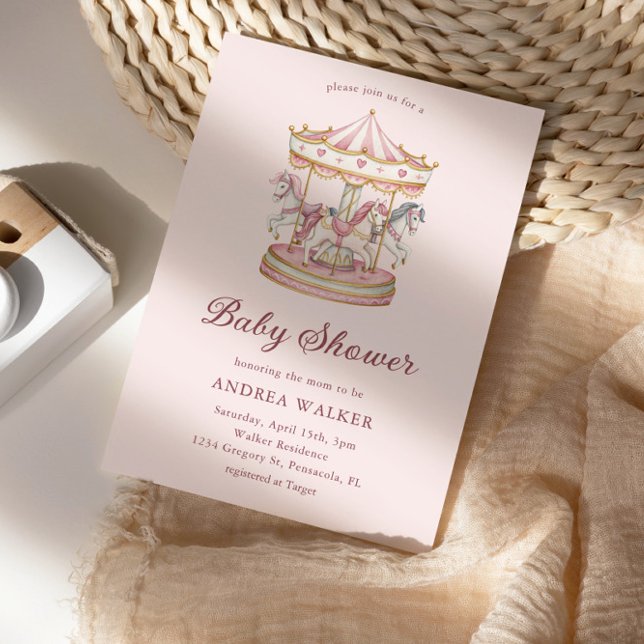 Pastel Pink Cute Carousel Girl Baby Shower Invitation (Creator Uploaded)