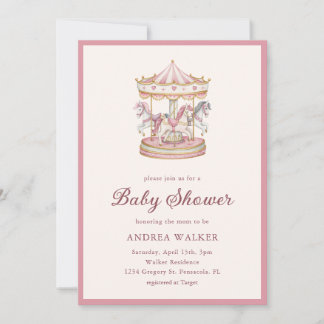 Pastel Pink Cute Carousel Girl Baby Shower Invitation